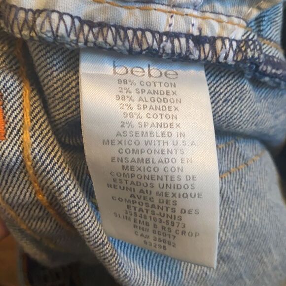 Y2K Bebe Factory Distressed Blue Embellished Bling Denim Cropped Jeans - Picture 9 of 10